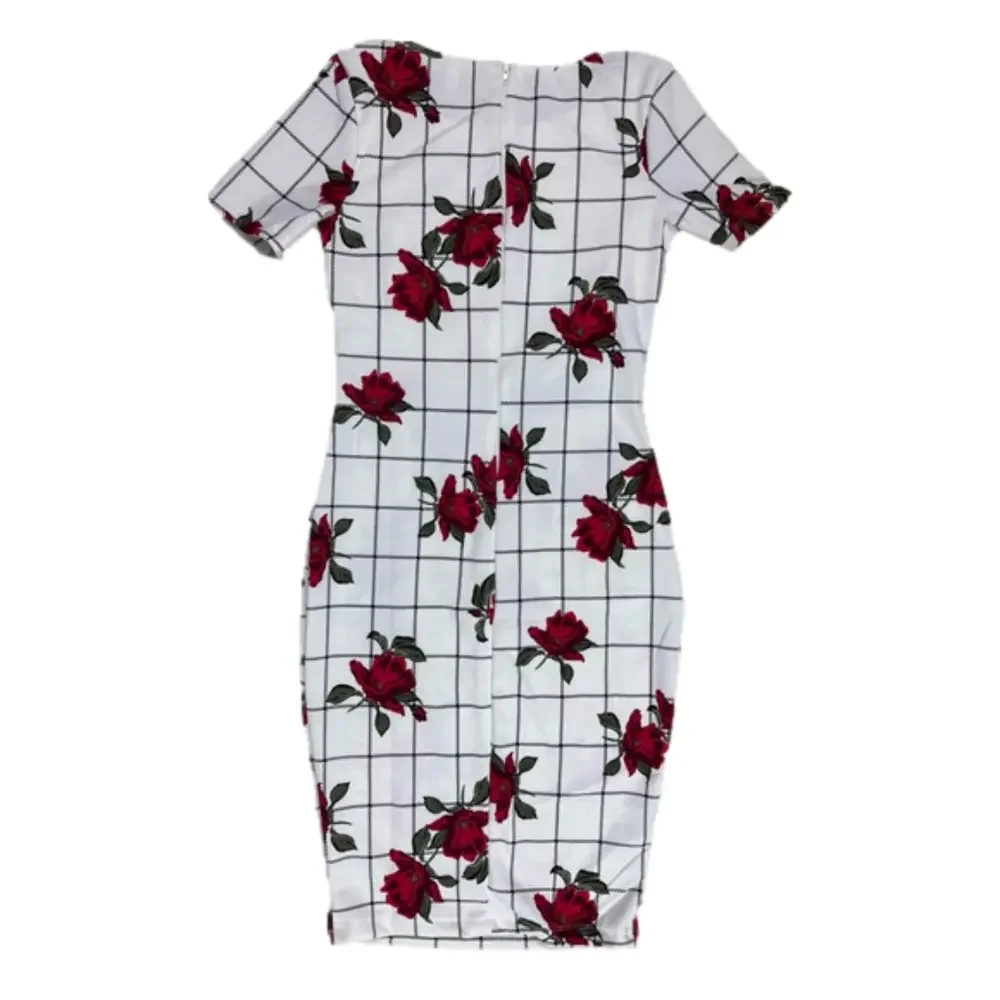 Women’s White and Red Short Sleeve Body Con Floral Midi Dress